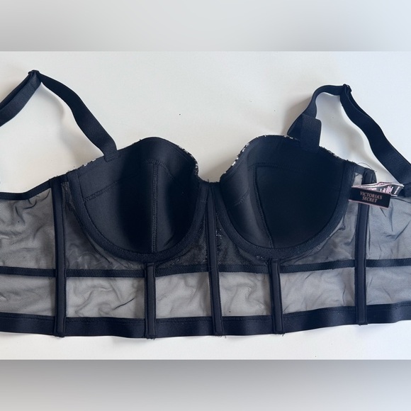 Victorias Secret Black Shine Lace Long Line Balconet Bra Silver Size 34C - Picture 3 of 7